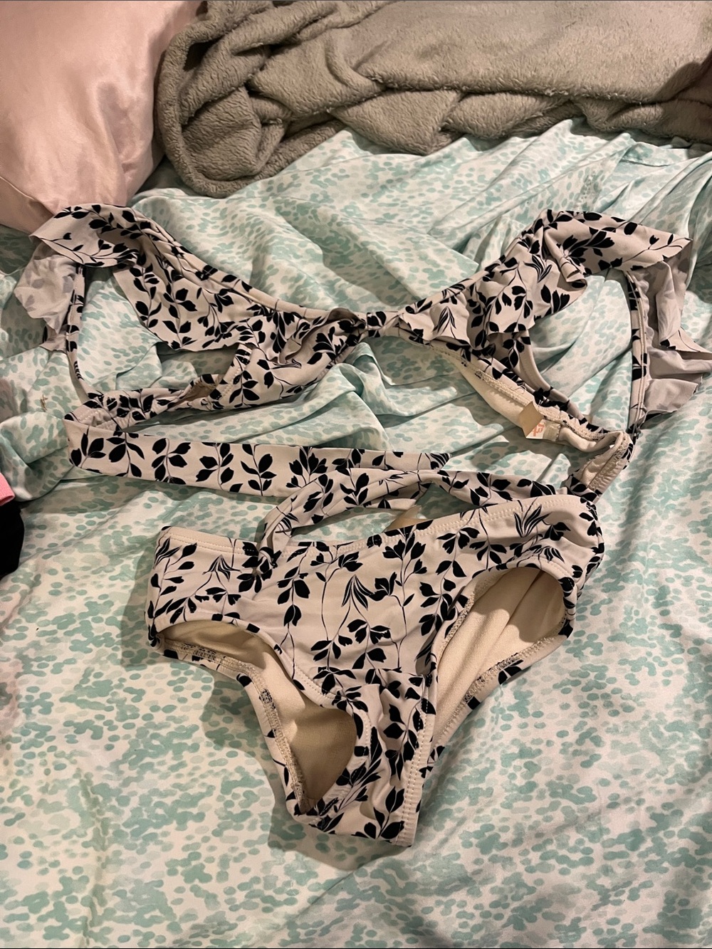 Floral Print Two-Piece Bikini Set - Black on Light Beige
